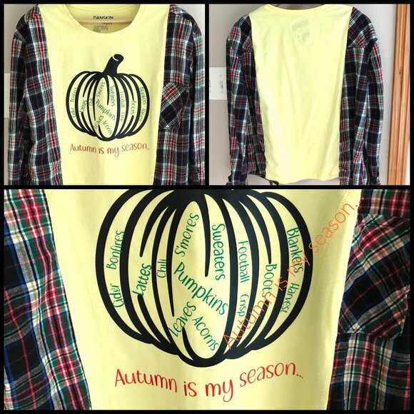 Flannel Tee Upcycle, Autumn Pumpkin Graphic, Size S-M: Oversized Long-Sleeved - Picture 12 of 12